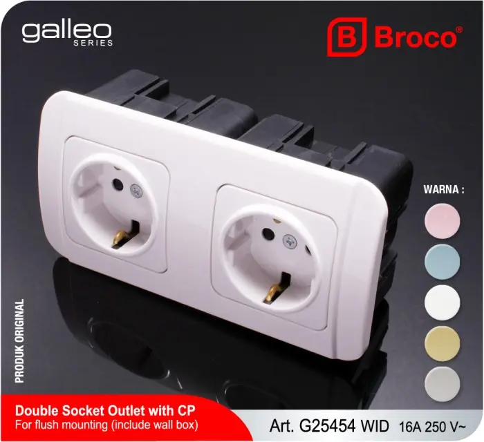 BROCO Stop Kontak 2 Gang WID Galleo Dengan Pengaman Child Protection + Inbow Dus (G25454)