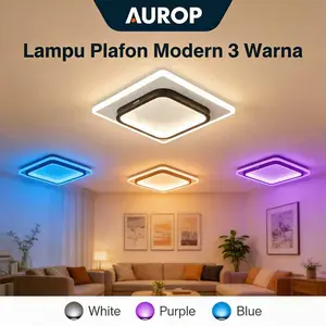 AUROP Lampu Plafon LED 3 Warna Modern Sederhana untuk Ruang Tamu Kamar Tidur Besi Tempa 24W 220V Cahaya Putih Hitam Ungu Biru