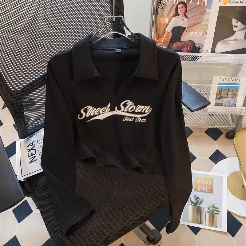 Kaos Lengan Panjang Kerah Polo Bergaris Premium / crop top korea lengan panjang / kaos ketat dengan grafis monogram Baju Pendek 5