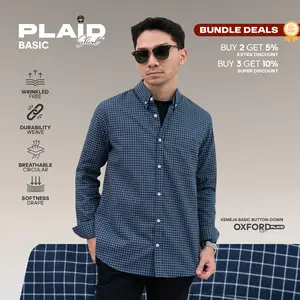Kemeja Kotak Garis Pria WOODCUTTER Basic Plaid Shirt Lengan Panjang Oxford Casual Anti Lecek Kerja - Navy Blue Biru