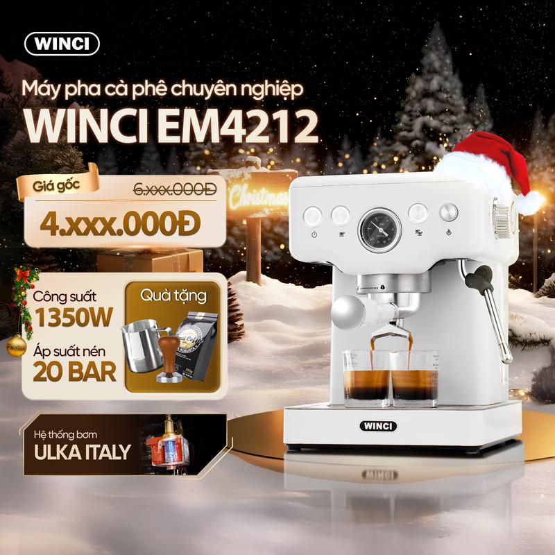 Máy Pha Cà Phê Espresso Winci EM4212 Giá đã bao gồm VAT Tay cầm 51 MM Pha Cafe Tự Động Công Suất 1350w Áp Suất 20Bar tặng 1 gói cafe 1 Tamper 51 mm 1 Ca inox