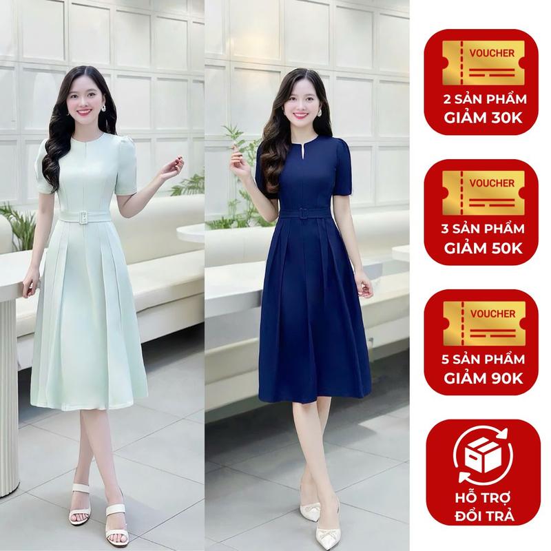 Đầm nữ thiết kế Nhật Vy Boutique tay ngắn cổ tròn cách điệu kèm dây belt phối xếp ly form dáng xòe chiết eo chất lụa có 4 màu phù hợp dạo phố văn phòng công sở đơn giản thanh lịch Dress - D2985 Nhung Kem