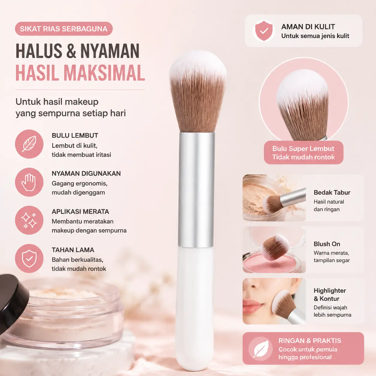 Set kuas makeup berbulu empuk meratakan bedak foundation dengan sempurna tanpa meninggalkan goresan di wajah