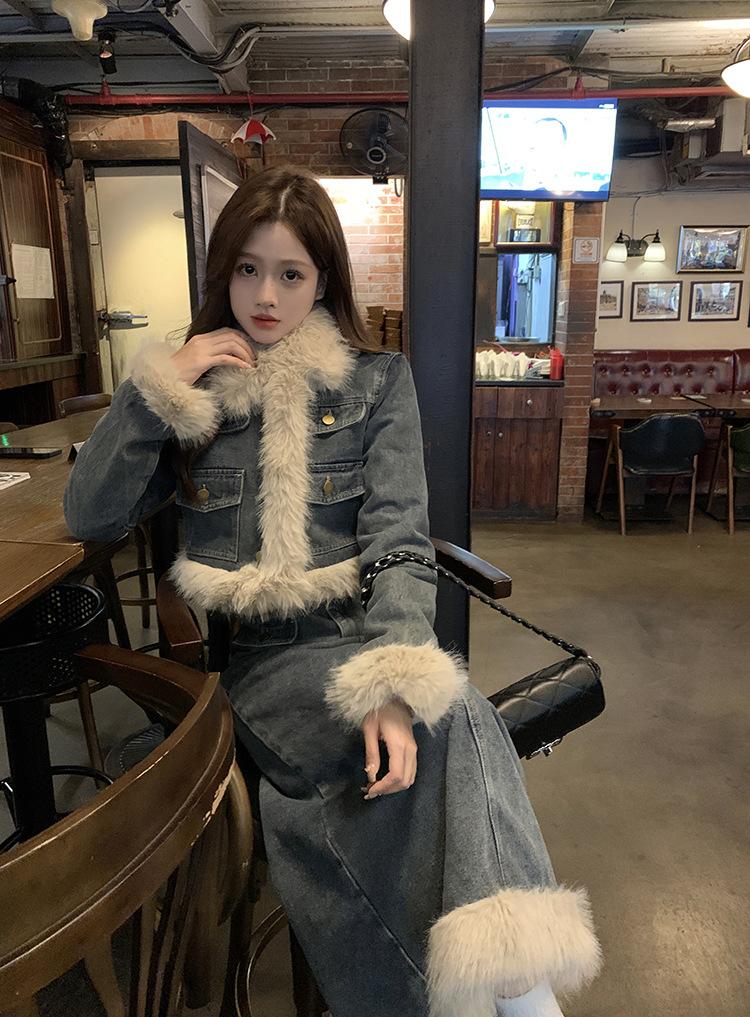 Product Introduction of Fujia Qianjin-Áo Khoác Denim Chần Bông Dày Lót Lông Cừu Cho Nữ, Váy Cạp Cao, Trang Phục Thời Trang Mới Mùa Đông 2023 41