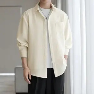 Kemeja Pria Lengan Panjang Polos Warna Krem Desain Sederhana Gaya Casual Modern