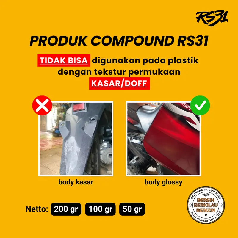 RS31 Rubbing Compound Penghilang Baret Mobil Motor Helm Kaca 50gr 100gr 200gr Super Ampuh Menghilangkan Baret Halus & Swirl Mark Dengan Wax & Silikon 2