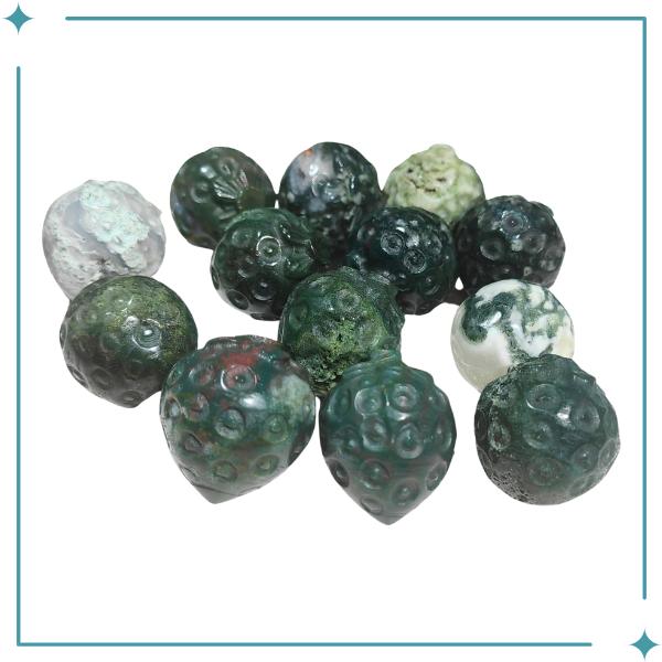 Product Introduction of Natural Stones Crystals Carved Strawberry Moss Agate Ruby Zoisite Golden Obsidian Yellow Calcite Mini Desktop Decor 1