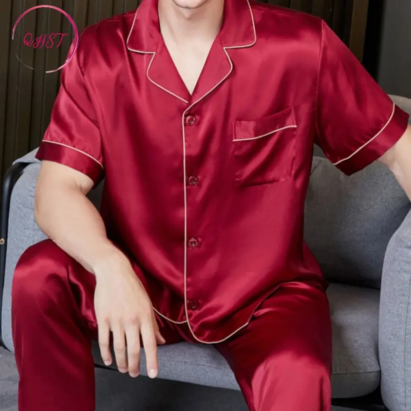 QHST Piyama Pria Biru Tua Solid Set Satin Warna Lunak | Lengan Pendek Celana Panjang Pajamas Import | Pria Baju Tidur 5