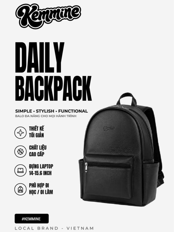 Balo Kemmine Basic Backpack Da Đen Tối Giản Đựng Laptop 15.6 Inch, Unisex Đi Học Đi Làm