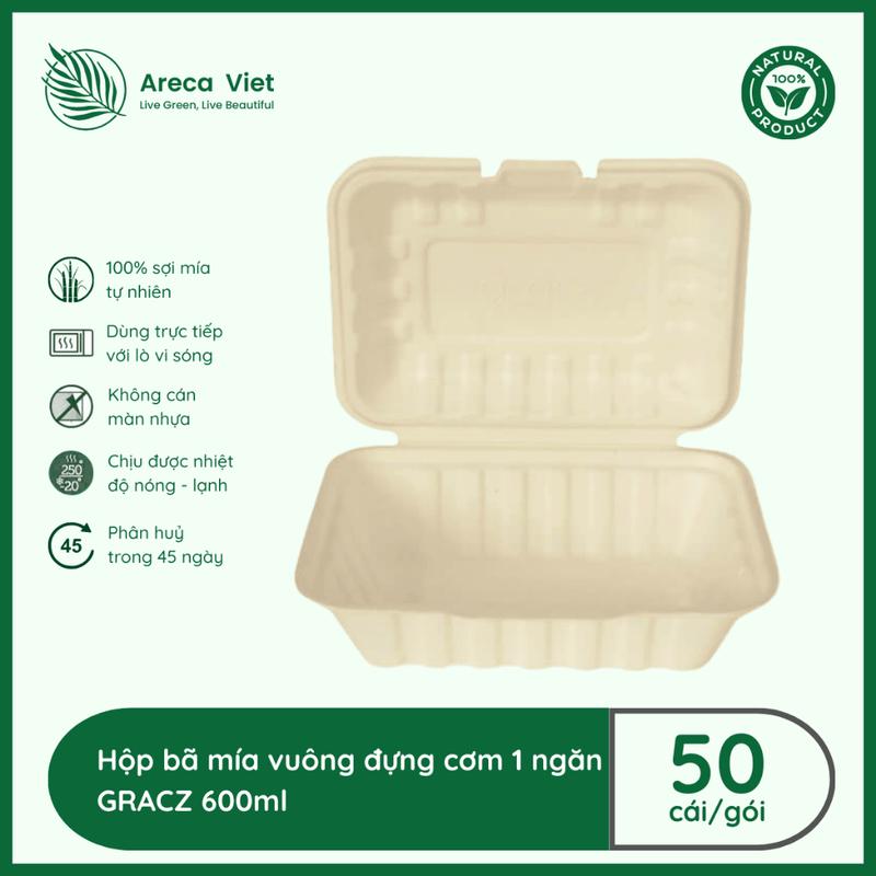 50 Hộp Cơm Bã Mía Chữ Nhật GRACZ 700ml - Dùng 1 Lần, Tự Phân Hủy, An Toàn Với Lò Vi Sóng, Tiệc BBQ