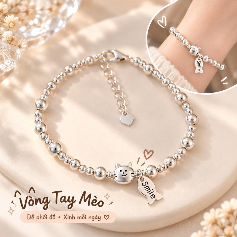Lắc tay nữ mèo may mắn màu bạc, vòng tay hạt bi sáng bóng đính charm cá Smile, phong cách Hàn Quốc dễ thương, nhẹ nhàng sang trọng, thiết kế độc đáo tinh tế, phụ kiện cao cấp, quà tặng bạn gái
