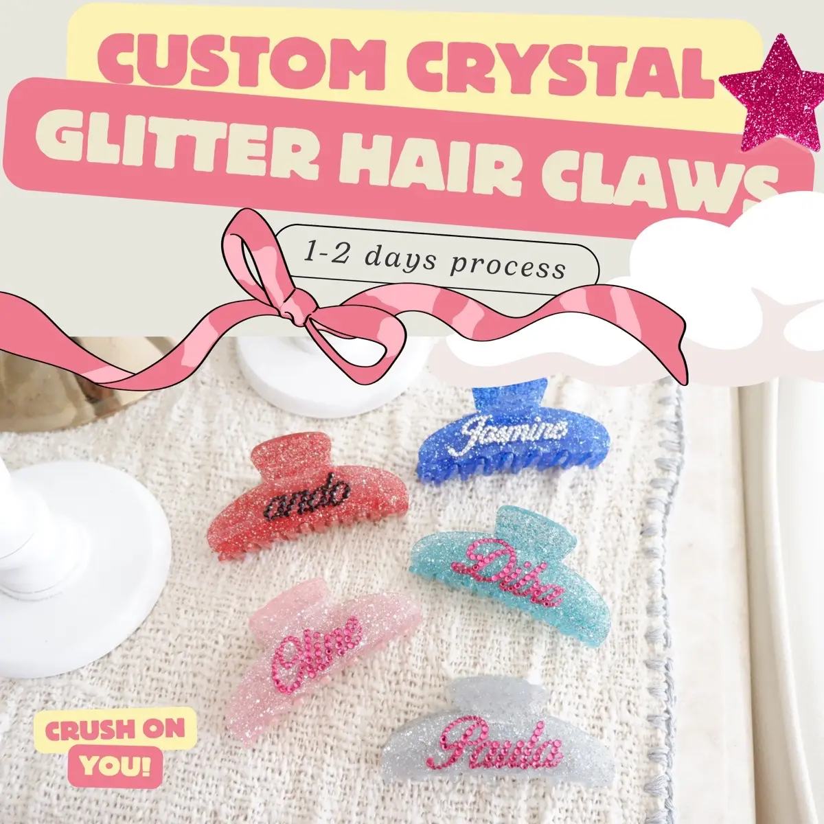 Custom Crystal HairClaw Glitter Jepitan Nama Custom Rhinestone | CRUSHONYOU Clips Jedai Hairclip