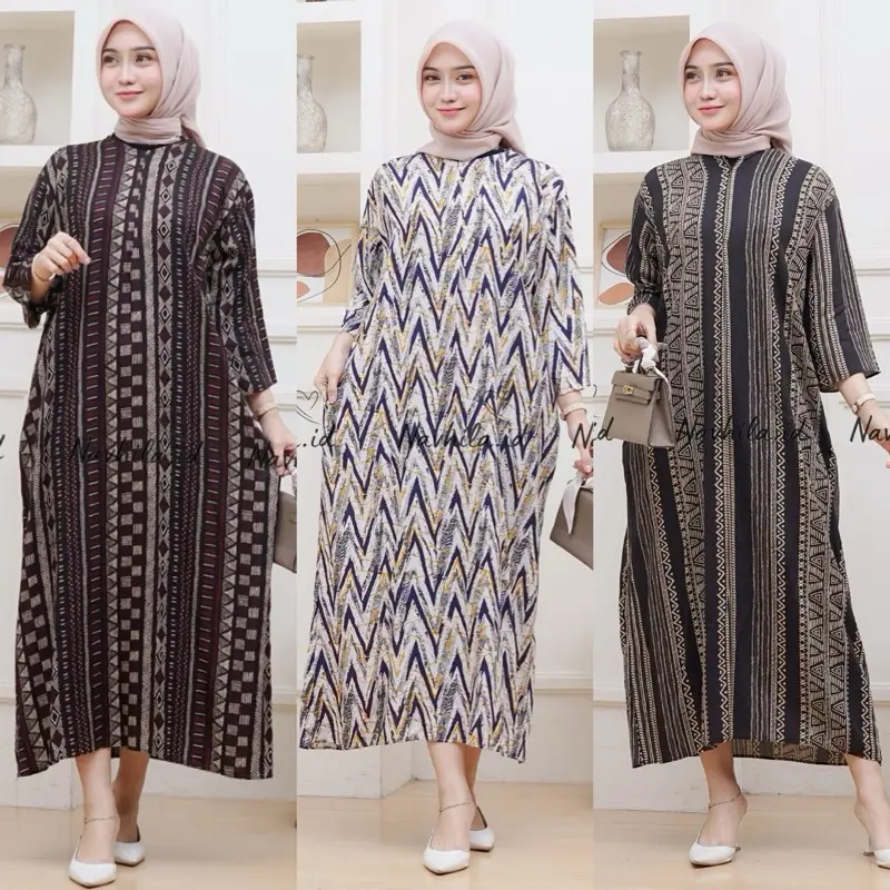 Navhila - Daster Motif Kekinian Tangan 3/4 Katun Rayon Gamis Nyaman Panjang Wanita Bumil Zipper Busui Basic Daily Santai 0