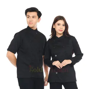 Baju Koki Chef Jacket Seragam Kerja Lengan Panjang Pendek Pria Wanita Model Mandarin Full Black Merk Gold Kitchen Bordir Safety Wearpack Hitam