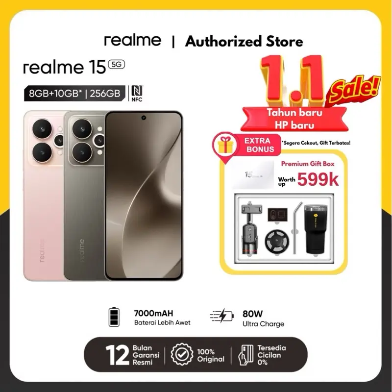realme 15 5G 8+256GB & 12+256GB Dimensity 7300+ 5G Chipset 50MP SONY AI CAMERA 50MP Selfie Camera | 7000mAh 80W Ultra Charge | GARANSI RESMI