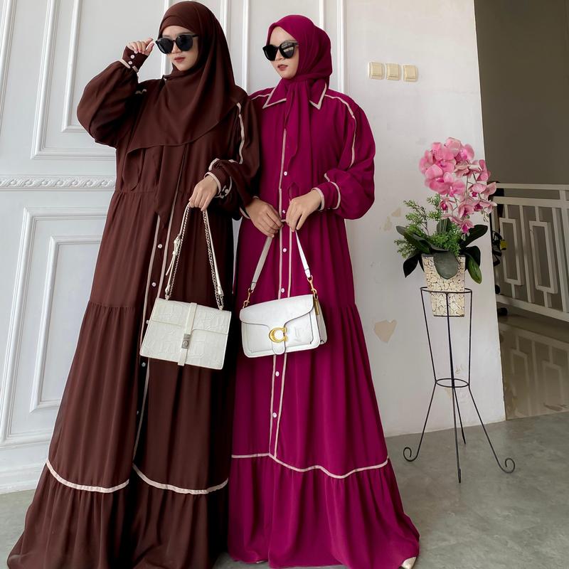Gamis Ceruty Set Humaira Bahan Ceruty Babydoll Detail Kerah dan Kancing Aktif 1