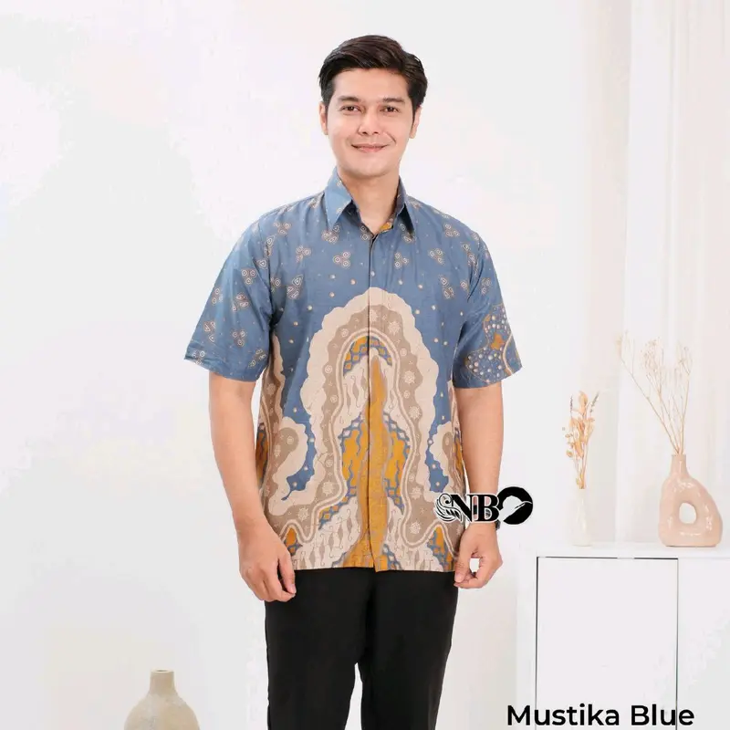 Kemeja Batik Pria Lengan Pendek Biru Katun Seragam Hem Atasan Motif Kancing Baju Navy - Size M L XL XXL - Panjang, Kerja 6