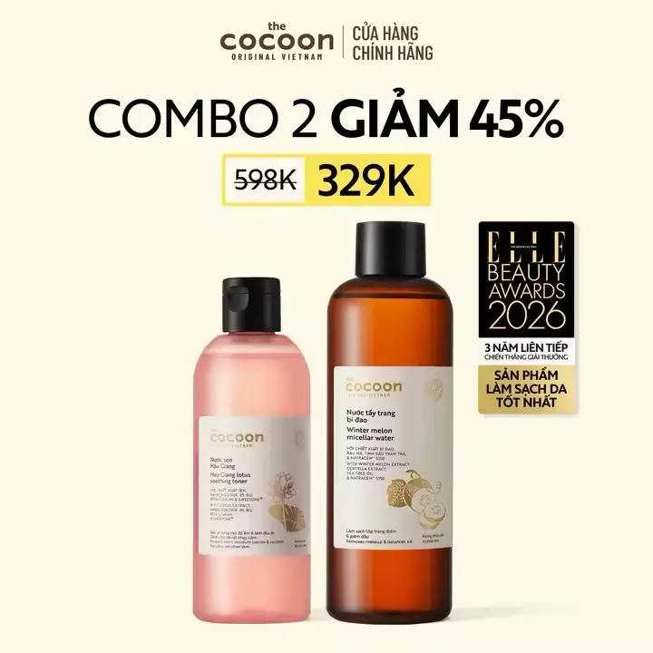 Ảnh đại diện COMBO 1 Bigsize - Nước sen Hậu Giang (toner) Cocoon giúp phục hồi đa nhiệm cho da rất nhạy cảm 310ml + 1 Bigsize Nước tẩy trang bí đao 500ml