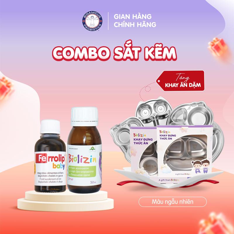 Combo Sắt Ferrolip baby và Kẽm Biolizin Vị Đào Thơm Ngon Tặng Khay Ăn Dặm Cao Cấp Cho Bé