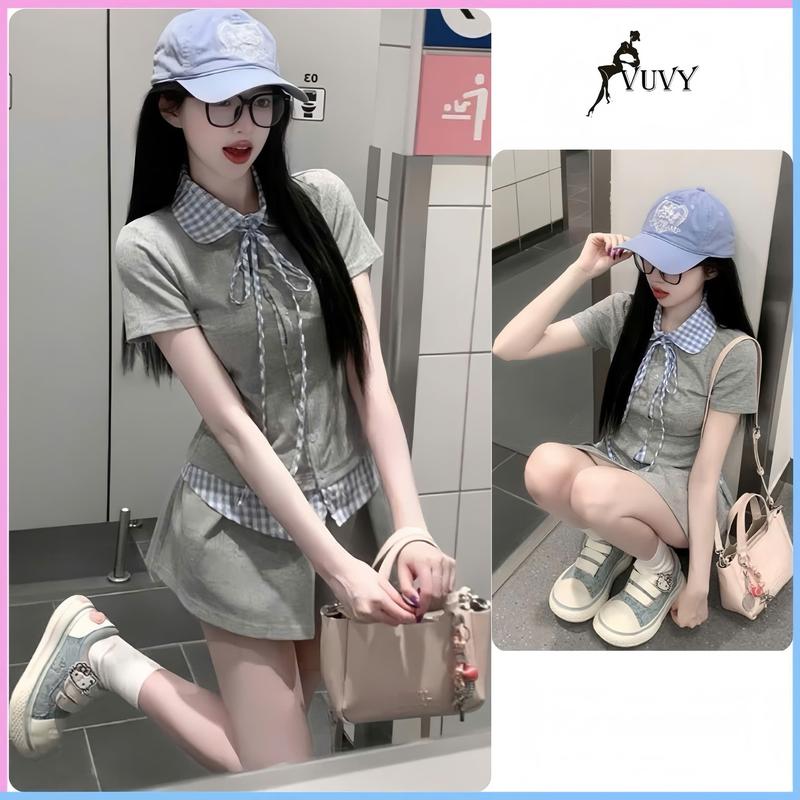 Set bộ nữ đũi loang áo cổ sơ mi phối chân váy phong cách trẻ trung Hàn quốc Set101