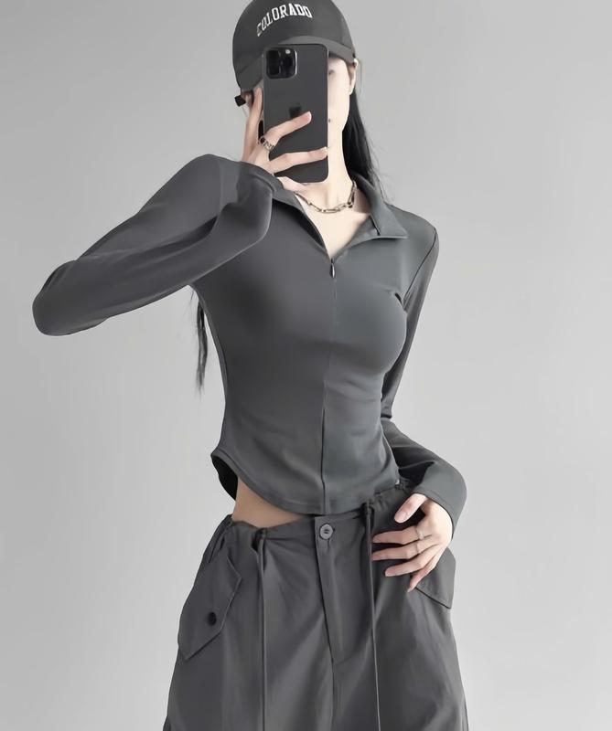 Áo Thun Nữ Cổ Bẻ Dài Tay Phối Khóa Kéo Dáng Ôm Vạt Bầu Chất Thun Tăm Hàn Mịn – BY BOOM STORE VN | BigBuy360 - bigbuy360.vn