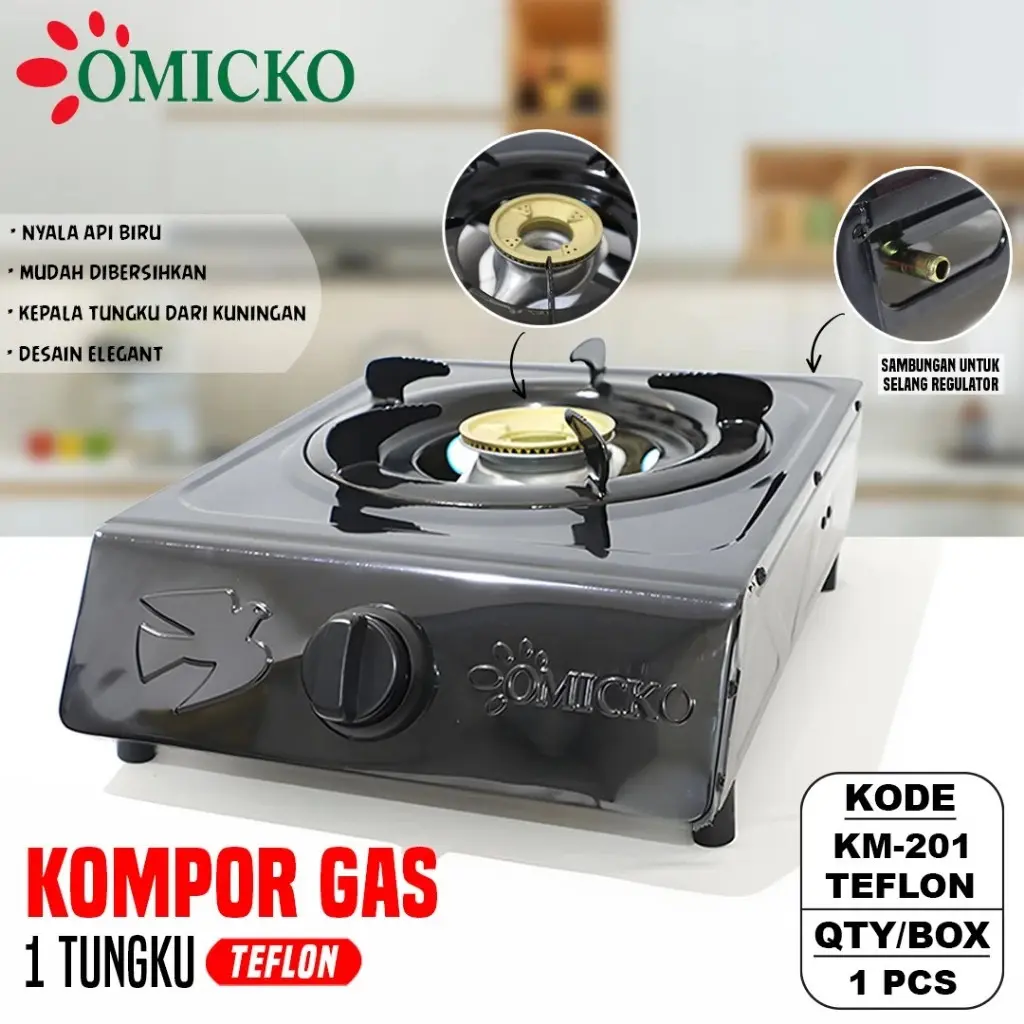 Kompor Gas 1 Tungku Teflon SNI Api Biru Variasi Regulator Set Selang