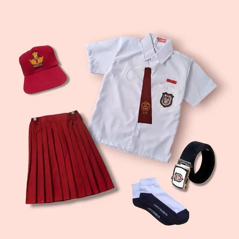 Setelan Seragam sekolah Merah Putih SD Anak Perempuan Baju Putih Lengan Pendek Rok Merah Pendek 0
