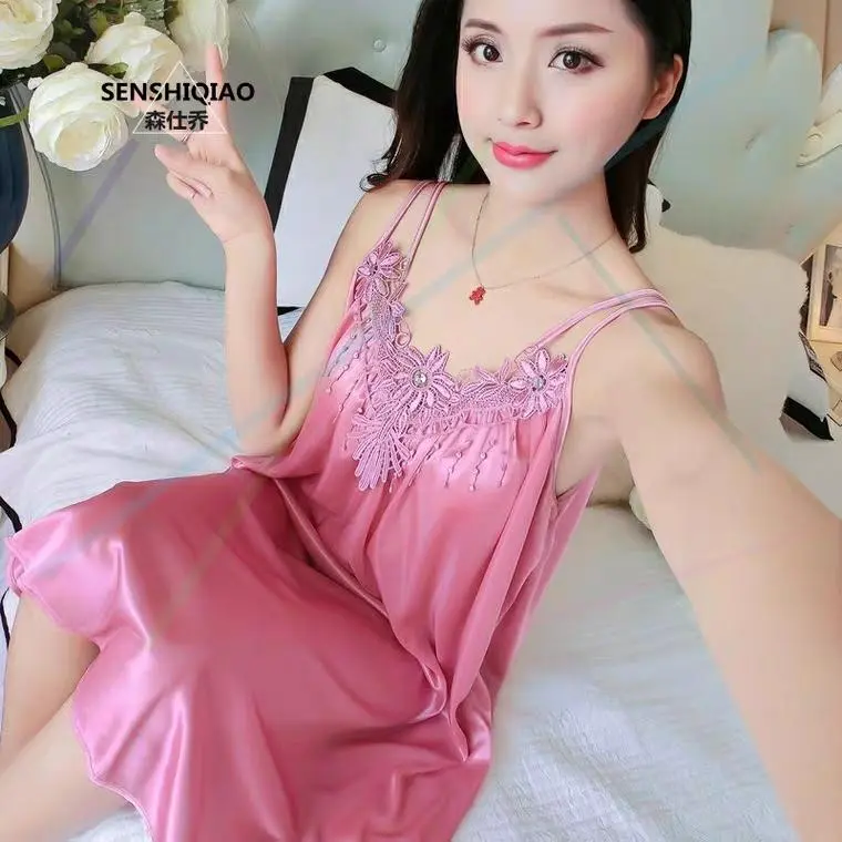 [ Racun Lingerie ]  Daster Dress Baju Tidur Nightwear Wanita Dewasa Sexy Tanpa Lengan Tali Pundak Lumbai Deep Brukat  With Muatiara Mewah Satin Silk FS38 2