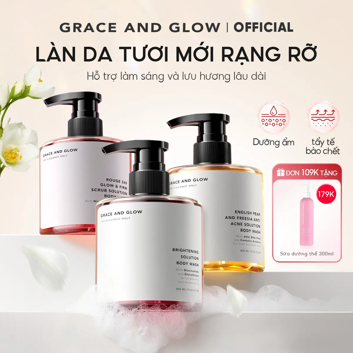 [Tặng quà giá không đổi] 2 in 1 Combo bán chạy sữa tắm nước hoa Grace and Glow 400ml + 400ml