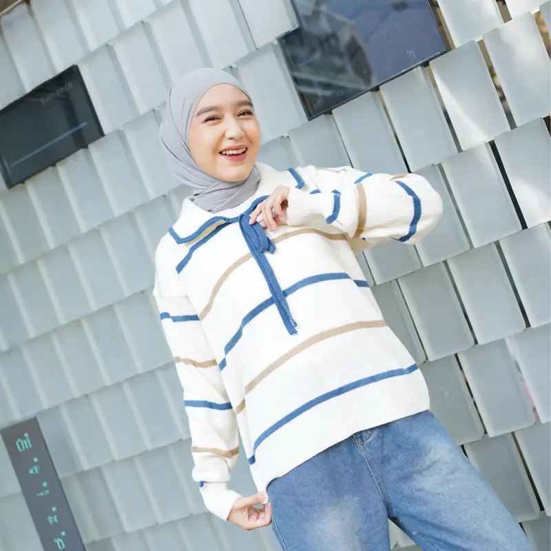 NUNANE.ID -Sweater Rajut two tone striped - Atasan Blouse Wanita  polo pita Motif Garis Korean Style DAVIRA 1