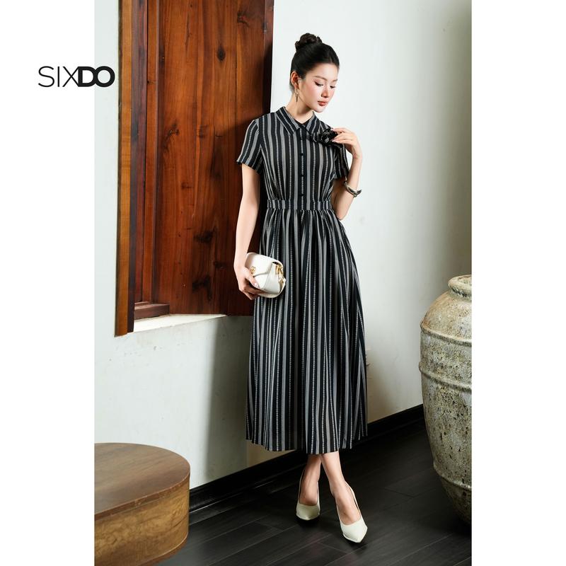 Đầm sơ mi dáng dài họa tiết SIXDO (Black Woven Flared Dress With Flower)