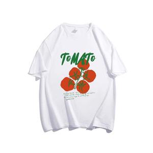 トレンドのトマト柄プリント婦人用半袖Tシャツ、ラウンドネック、ゆったり、純綿カジュアルトップス、ラウンドネック、ショルダーベルト、ゆったりシルエット、通気性、肩落ちデザインプリントTシャツ夏のゆったりタイプ