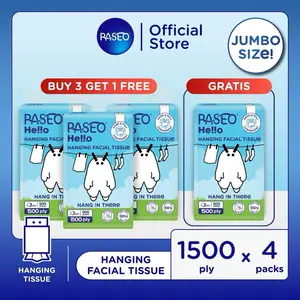 Paseo He!!o BUY 3 FREE 1 Tisu Gantung 3Ply 1500 Helai Emboss JUMBO SIZE Tisu Wajah | Hanging Facial Tissue 1500 ply Family Value Pack