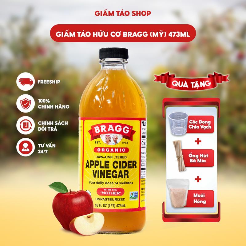 Giấm Táo Shop | Giấm táo hữu cơ Bragg (Mỹ) | Tặng ly đong + Muối hồng + Ống hút + Hướng dẫn sử dụng
