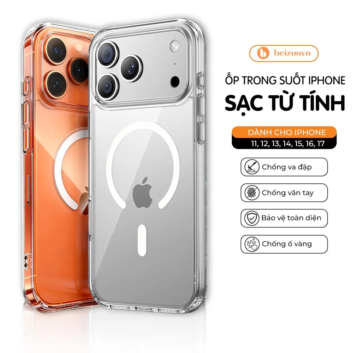 Ốp Lưng iphone Trong Suốt Chống Sốc - Hỗ trợ sạc từ tính không dây dành cho iphone 16 ,15 ,14 ,13 ,12, 11promax và 16, 15, 14 plus - 1