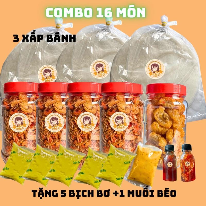   Siêu hời 16 món  Bánh tráng phơi sương 450gr hành phi muối ruốc 400gr 5 túi bơ 1 muối béo hủ tóp mỡ,2 loại sốt 