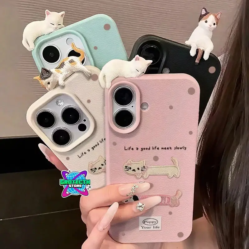 Simple Premium Case Texture Compatible for iPhone X XR XS 11 12 13 14 15 16 17 17 PRO AIR PROMAX  Casing ponsel anti jatuh motif  cat with Boneka DIY 3D Lucu yang simpel dan bergaya  XA059