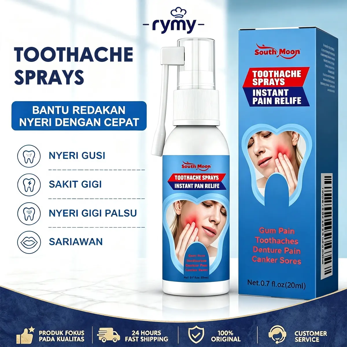 South Moon Semprotan Pereda Sakit Gigi Herbal 20ml - Redakan Nyeri & Perawatan Gusi - Ekstrak Alami - 100% Bebas Hormon & Bahan Kimia Berbahaya - Bau - Kumur Mulut - Menyembuhkan - 1pcs