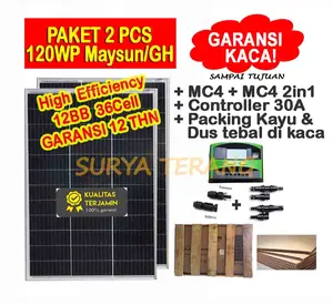 Paket 2pcs Solar Panel Surya 120wp Mono HQ + MC4 + Packing Kayu