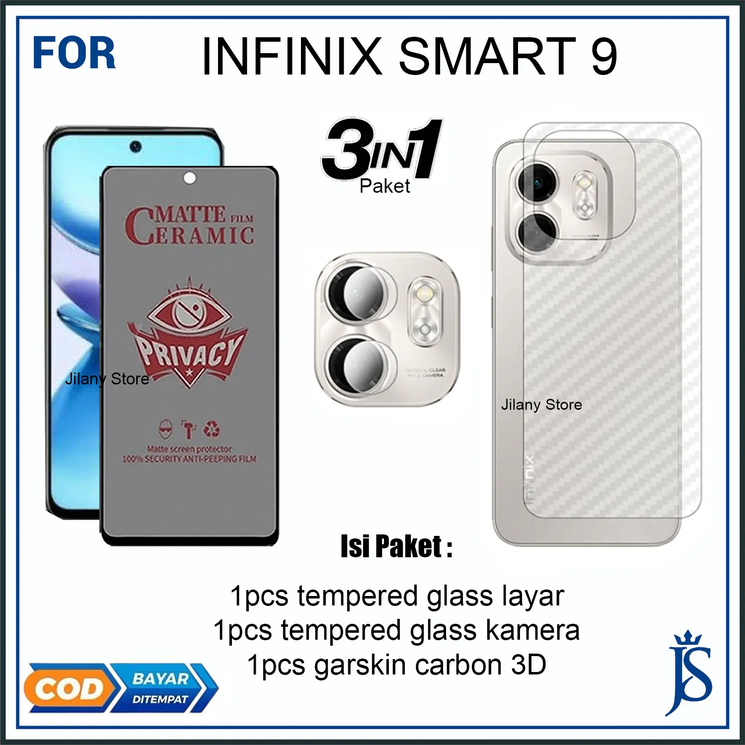 PAKET 3IN1 TEMPERED GLASS TG CAMERA DAN GARSKIN Untuk Infinix Smart 9 Full Cover
