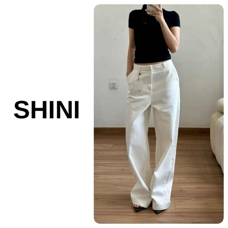 Quần  Jean nữ ống suông  lưng cao   Jean trắng dày dặn không co giãn đứng form basic SHINI