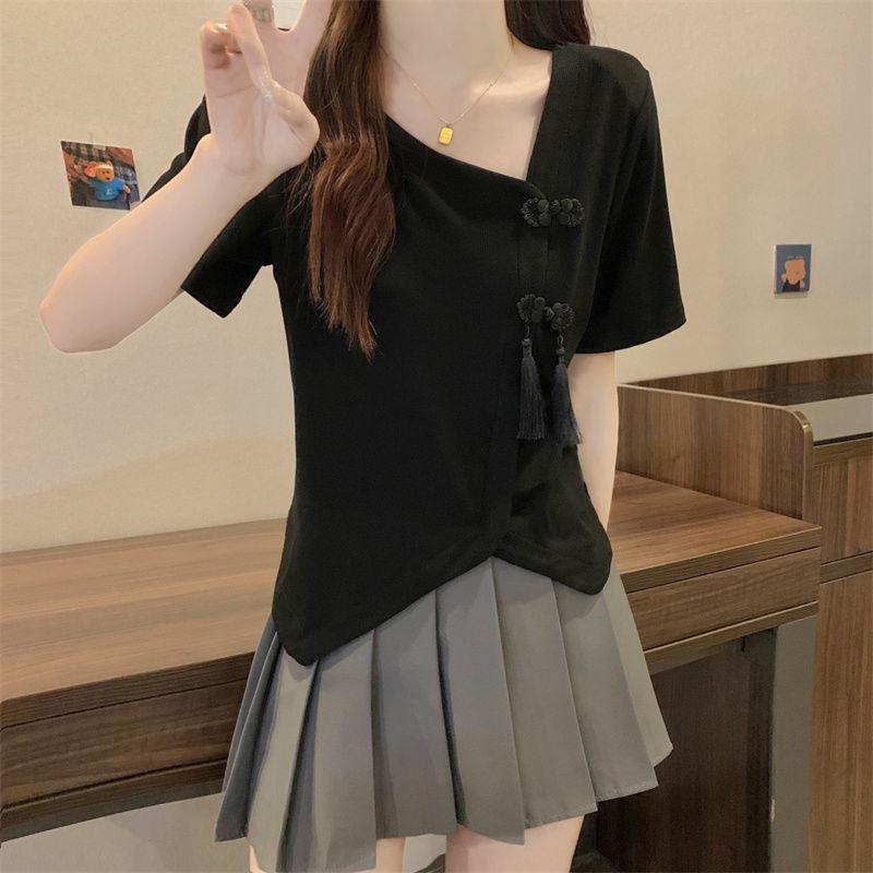 Product Introduction of Women's New Chinese Button Irregular Short T-shirt Fat Mm Cover Belly V-neck Top Womenswear Blouse Check Flat 23