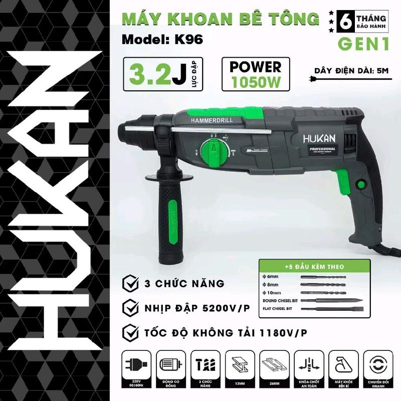 Máy khoan đục bê tông Hukan K96 công suất 1050W 3 chức năng lõi đồng 100% lực đập 3.2J kèm mũi khoan và đục