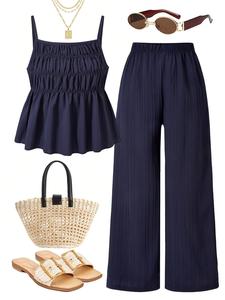 Conjunto casual con textura arrugada: top halter y pantalón de pierna ancha, conjunto de 2 piezas para uso diario, vacaciones, fotos con hermanas, ropa de primavera/verano