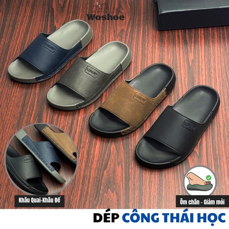 DÉP CÔNG THÁI HỌC Dép Nam Siêu Bền Da Chống Nhăn LUXURY WOSHOE Dép Da Đúc Nam Cao Cấp Đế Cao Su Êm – Ôm Chân Cực Bền