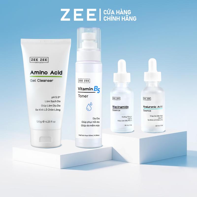 Combo 4 gồm Gel rửa mặt Amino Acid, Nước cân bằng Toner B5, Tinh chất Niacinamide và Tinh chất Hyaluronic Acid phù hợp mọi loại da