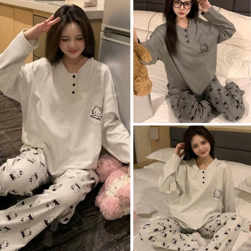 Sét Bộ Nỉ Nữ Thu Đông Dài Tay Hình Hello Kitty Chất Nỉ Bông 2 Màu Áo Cổ Tròn Cài Cúc Kèm Quần Dáng Suông