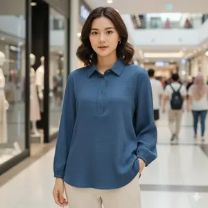 TERMURA ATASAN KEMEJA WANITA KANCING TIGA POLOS MODEL TERBARU LENGAN PANJANG BERKARET