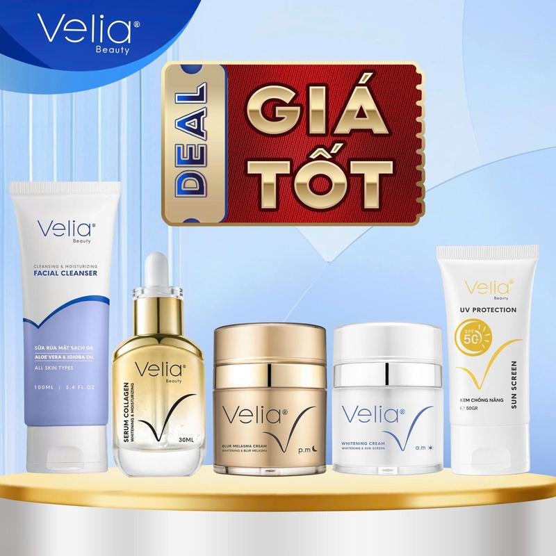   #50 DEAL GIÁ TỐT  Bộ 05 Kem Hỗ Trợ Cải Thiện Nám Dưỡng Trắng Da Sữa Rửa Mặt Serum Collagen Kem Chống Nắng VELIA Skincare 