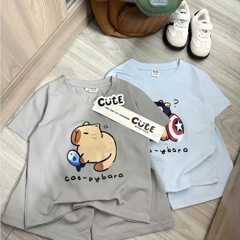Bộ Quần Áo Cộc Tay Cho Bé In Hình Capybara Chất Vải Cotton 4Chiều Co Giãn , Quần Áo Trẻ Em Bé Trai